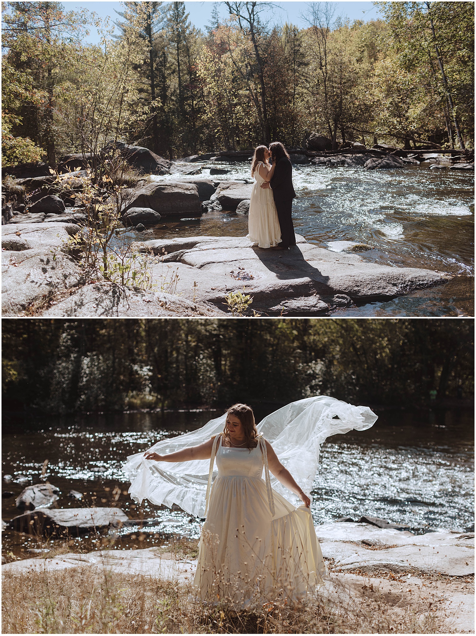Bride and groom taking photos on the bank of a creek at their Wisconsin wedding