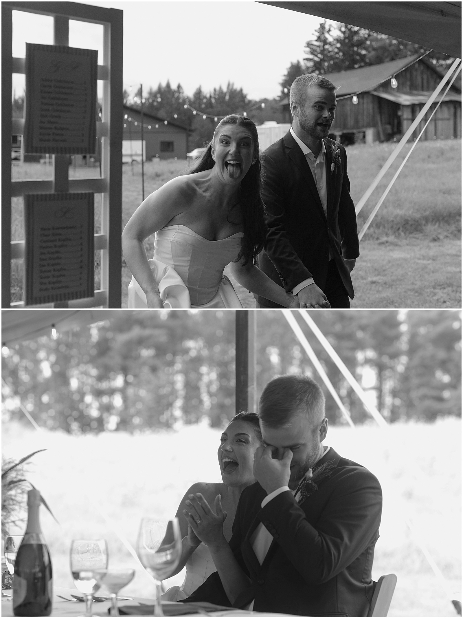 Bride and groom at their backyard tent wedding reception in Wisconsin