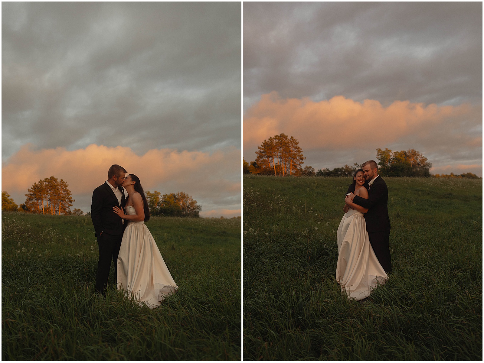 Bride and groom taking sunset portraits at their Wisconsin wedding