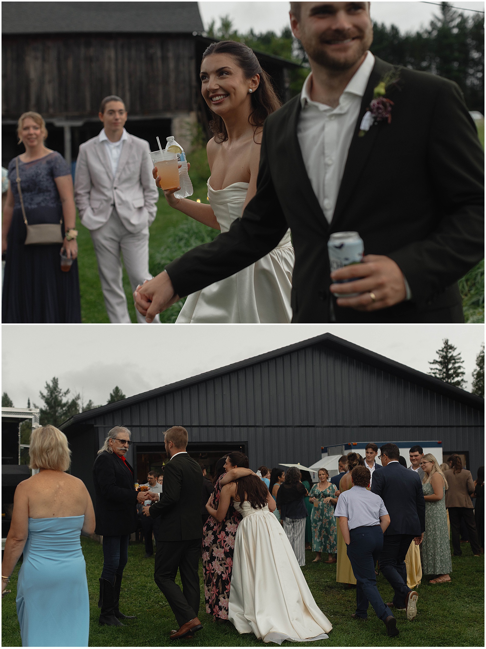 Bride and groom with their guests at their WI backyard wedding
