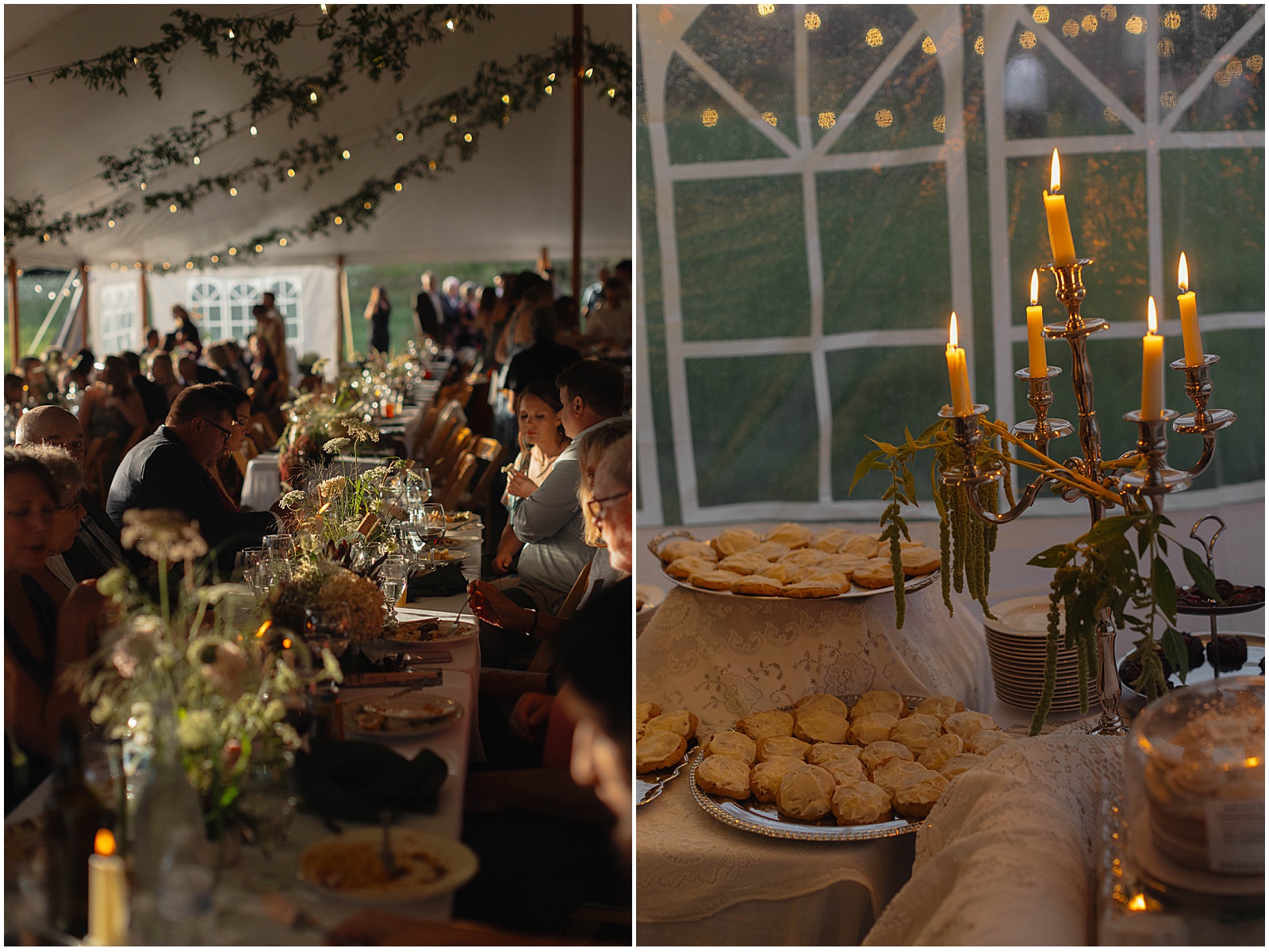 Guests having dinner at a backyard tent wedding in Wisconsin