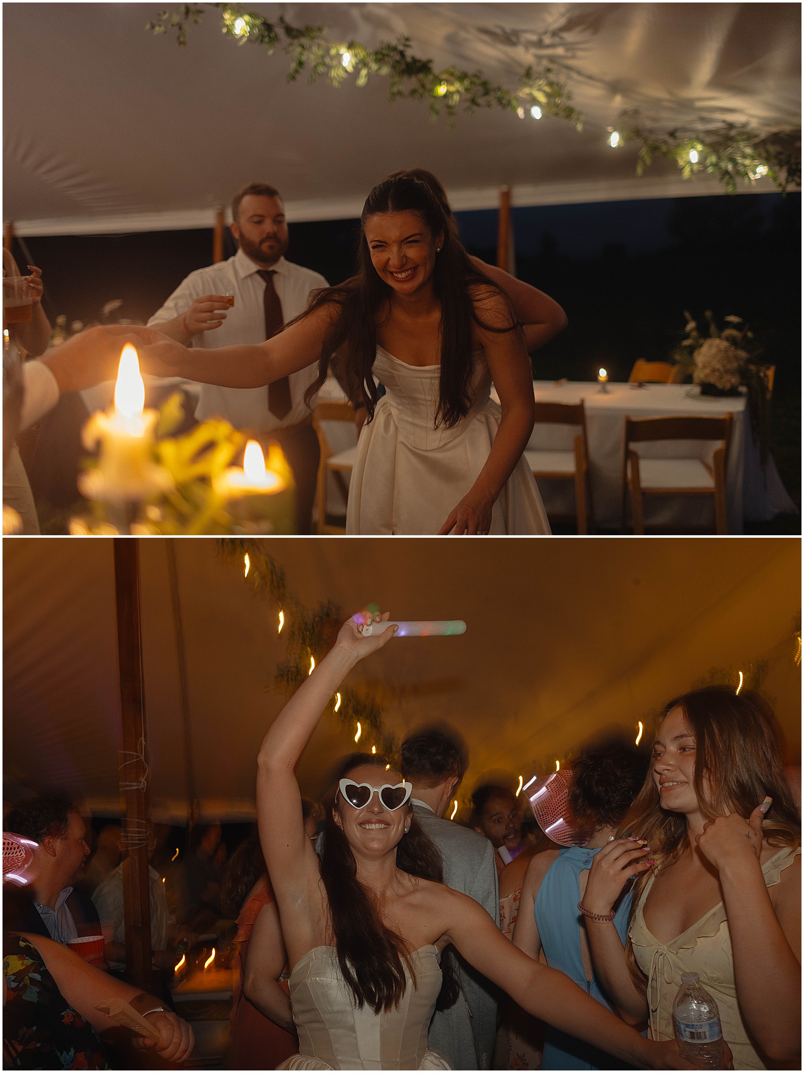 Bride partying at her backyard tent wedding reception in Wisconsin