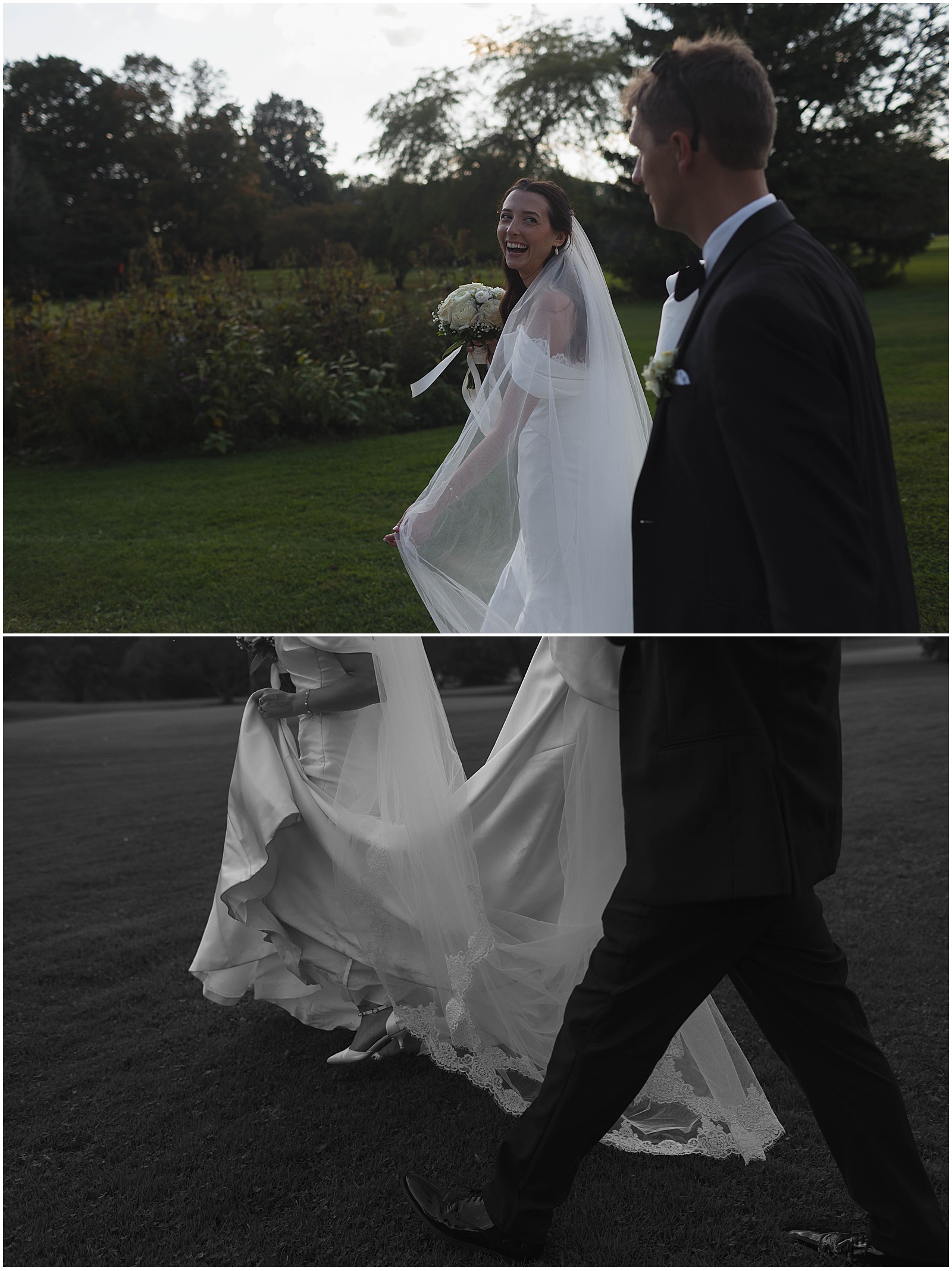 Bride and groom taking portrait photos at Lake Park in Milwaukee, WI