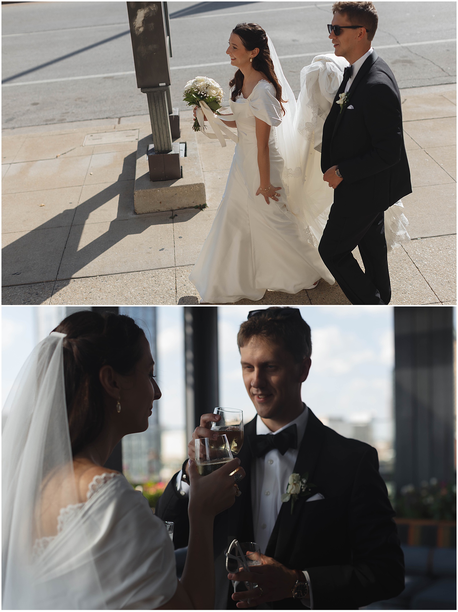 Bride and groom having rooftop drinks in Milwaukee, WI