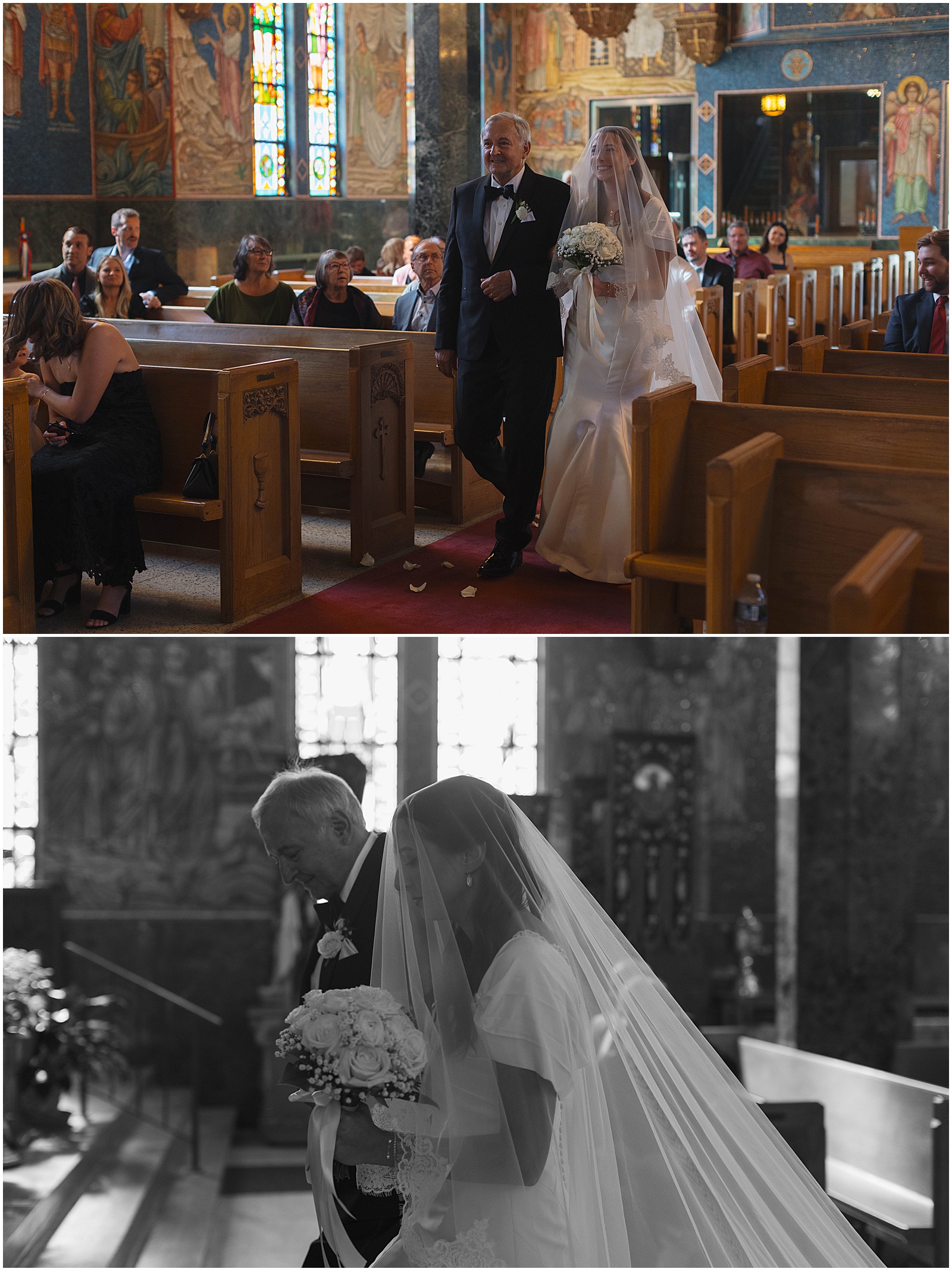 Bride walking down the aisle at her church wedding ceremony in Wisconsin