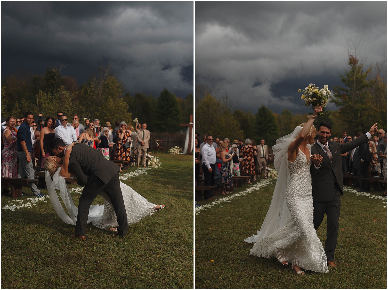 Bride and groom after their wedding ceremony outside in Wisconsin