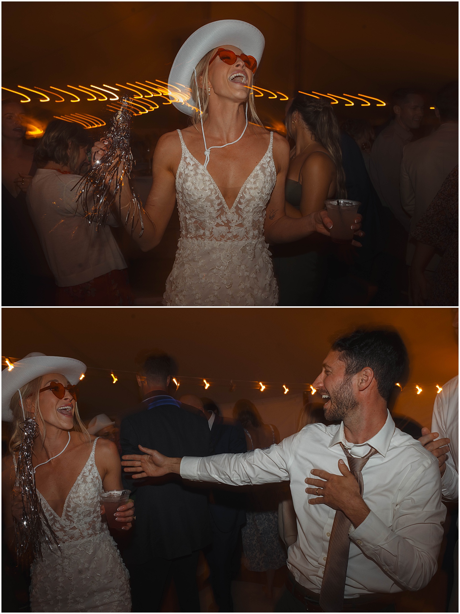Bride and groom dancing at their Wisconsin wedding reception at a campground