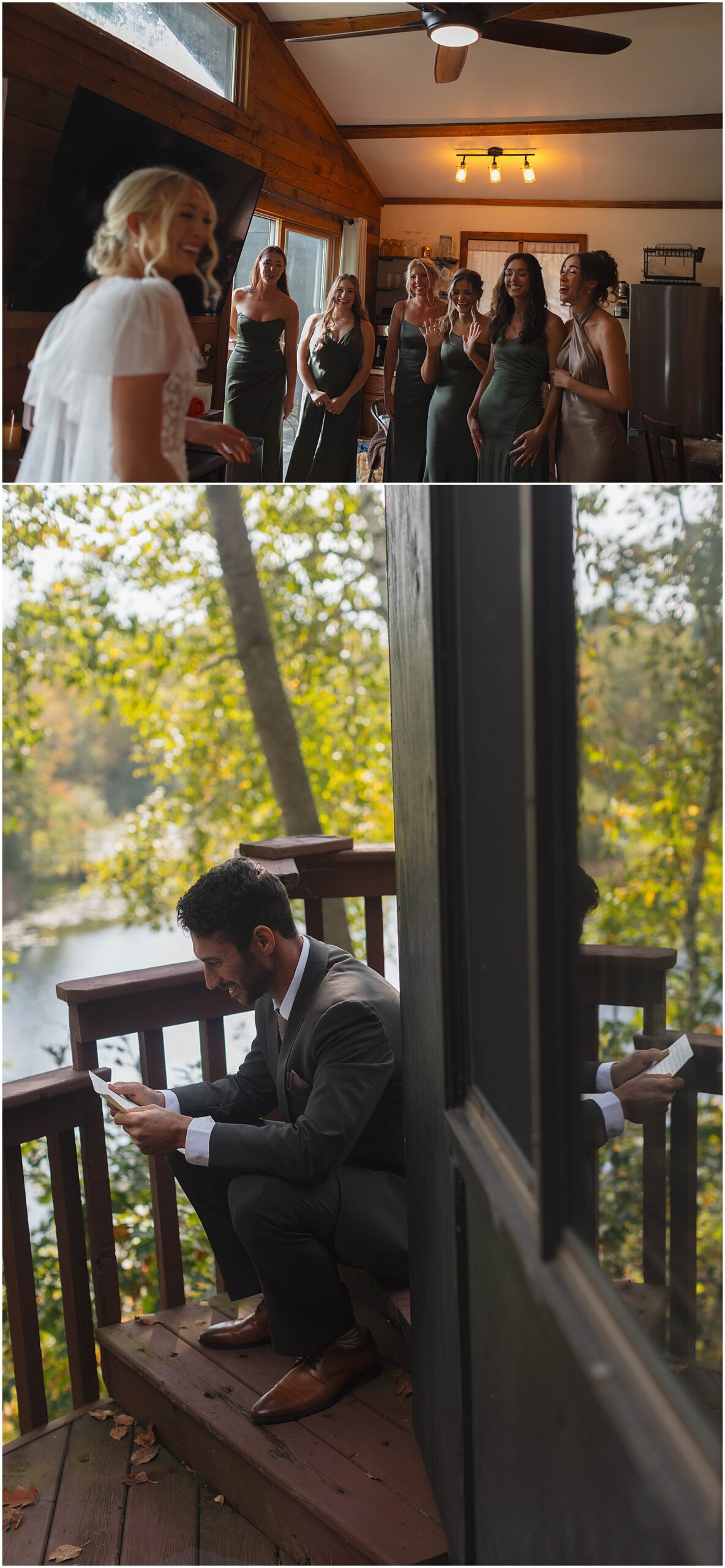 Bride and groom each getting ready for their Wisconsin wedding