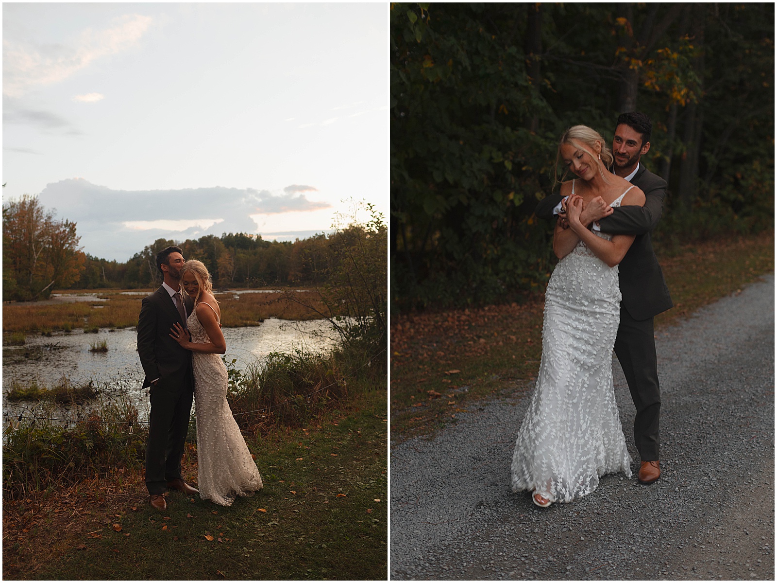 Bride and groom taking sunset portraits at their Wisconsin wedding