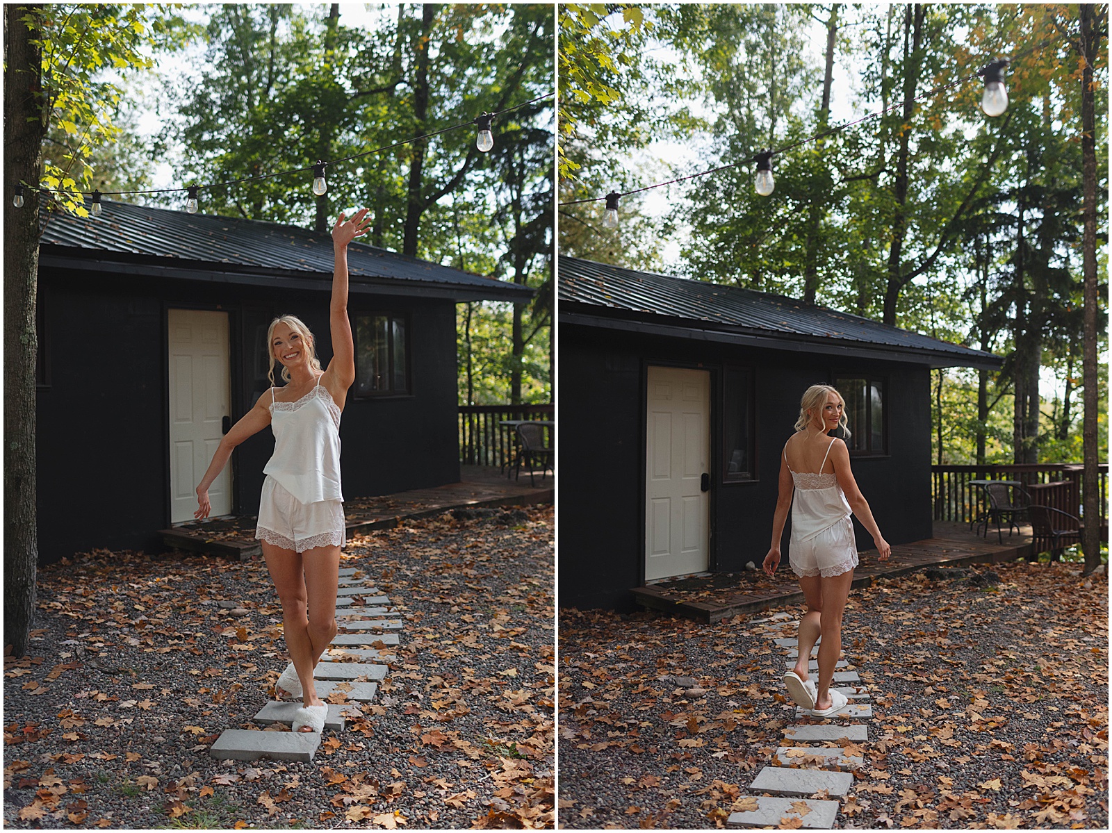 Bride outside in her getting ready outfit at her campground wedding in Wisconsin