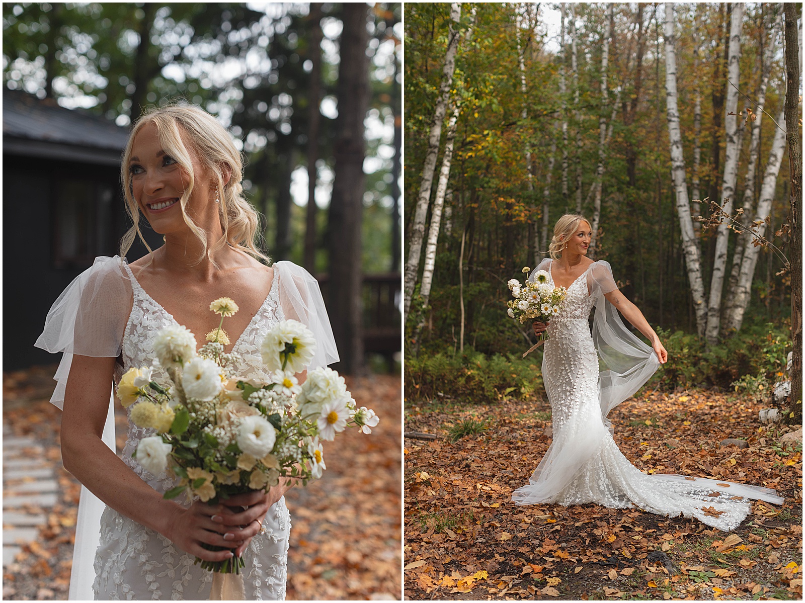 Bride taking portraits outside at her Wisconsin campground wedding