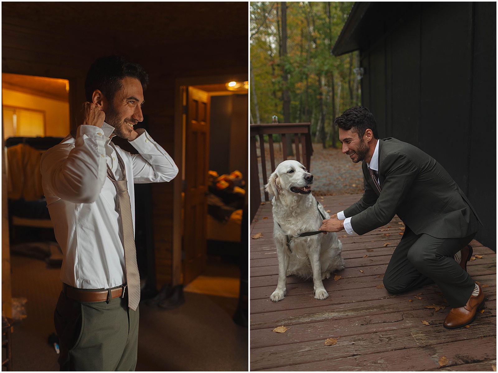 Groom getting ready with his dog at his Wisconsin wedding