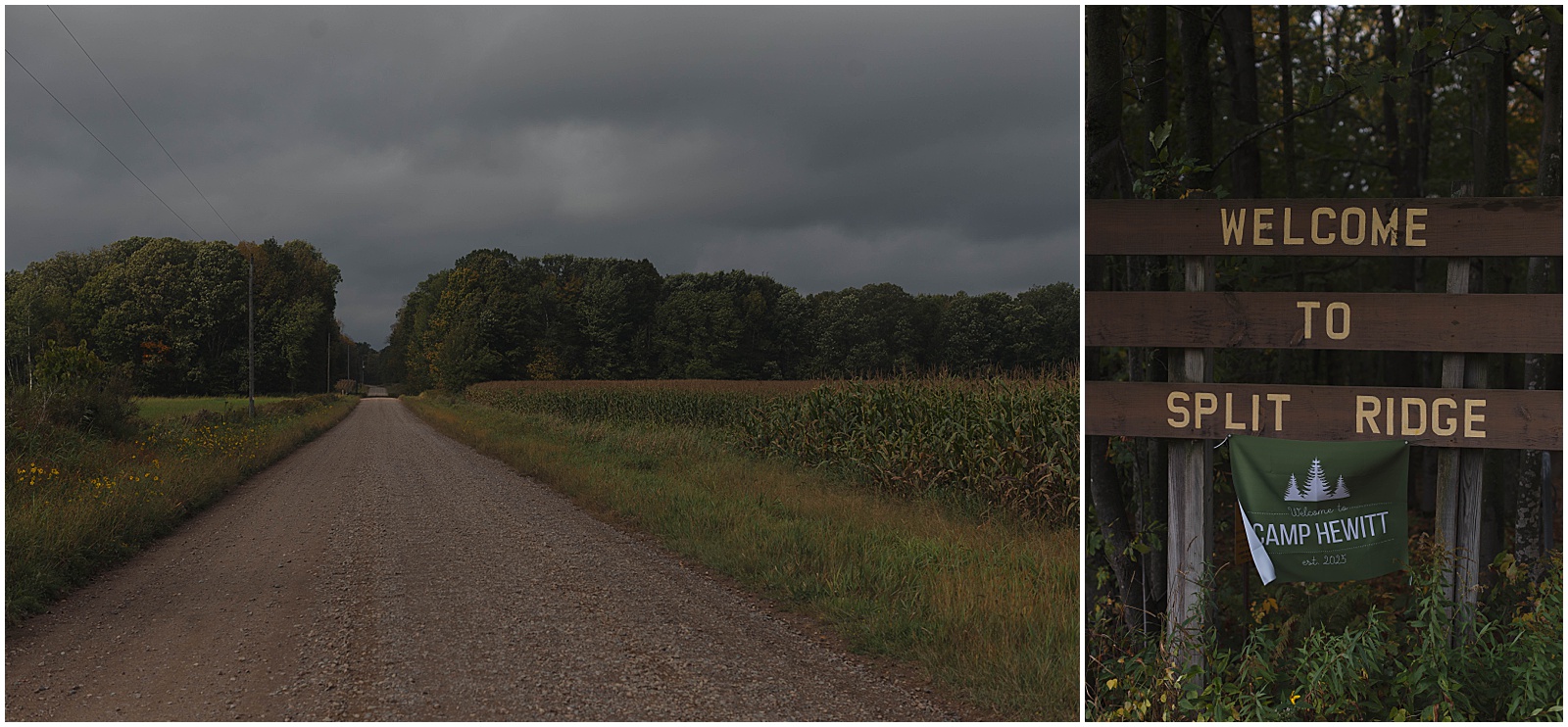 A Wisconsin dirt road on a cloudy day leading to a campground wedding